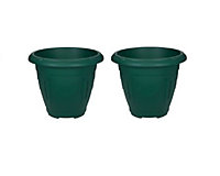 2 x Green Round Venetian Pot Decorative Plastic Garden Flower Planter Pot 24cm