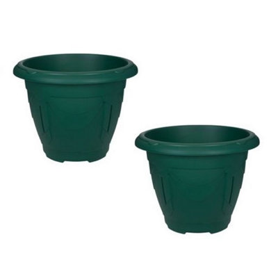 2 x Green Round Venetian Pot Decorative Plastic Garden Flower Planter Pot 33cm