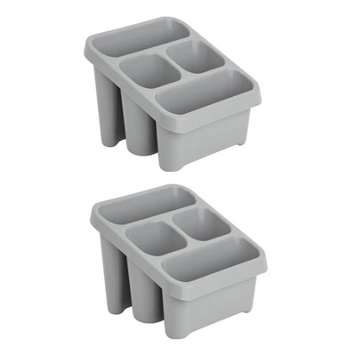 2 x Grey Plastic 4 Compartment Caddy Holder High Grade Sink Tidy Cutlery Drainer Ideal For Kitchens