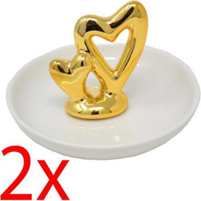 2 X Heart Trinket Dish Gold Rings Necklace  Gift Plate Ceramic Storage