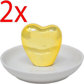 2 X Heart Trinket Dish Gold Rings Necklace Plate Ceramic Storage Gift
