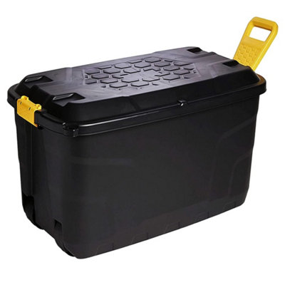 2 x Heavy Duty 110 Litre Robust Black Storage Trunk With Wheels & Handles XL Capacity Great For Indoor & Outdoor