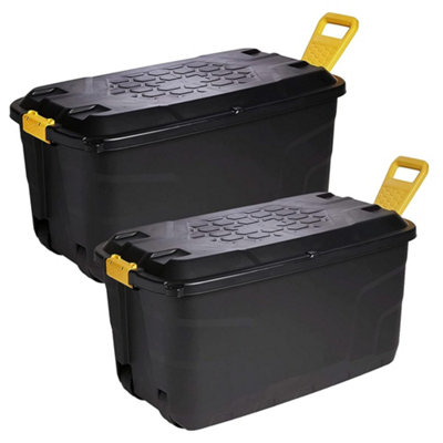 2 x Heavy Duty 145 Litre Robust Black Storage Trunk With Wheels & Handles XL Capacity Great For Indoor & Outdoor