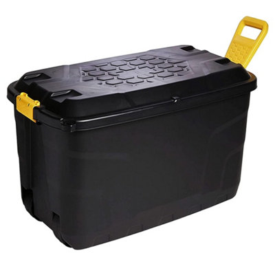 2 x Heavy Duty 145 Litre Robust Black Storage Trunk With Wheels & Handles XL Capacity Great For Indoor & Outdoor