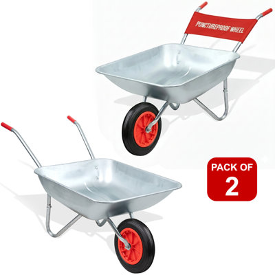 2 x Heavy Duty 65L Galvanised Metal Wheelbarrow Home Garden Cart with ...