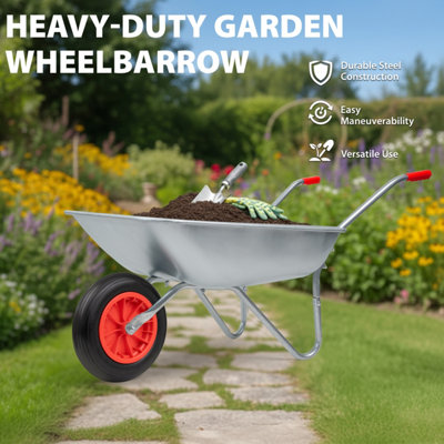 2 x Heavy Duty 65L Galvanised Metal Wheelbarrow Home Garden Cart with ...