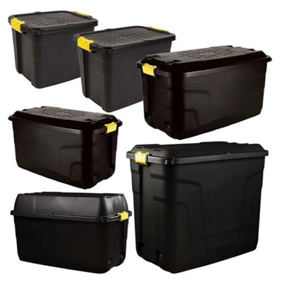 2 x Heavy Duty Black Storage Trunks 110 Litre With Lid & Wheels Great For Indoor & Outdoor Use