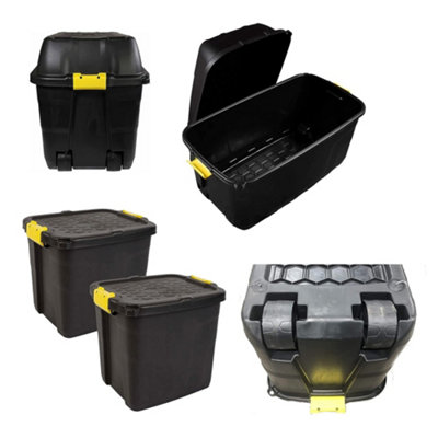 2 x Heavy Duty Black Storage Trunks 110 Litre With Lid & Wheels Great For Indoor & Outdoor Use