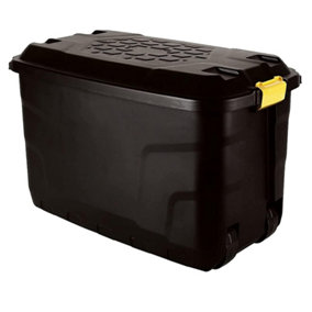2 x Heavy Duty Black Storage Trunks 145 Litre With Lid, Wheels & Yellow Handles Great For Indoor & Outdoor Use