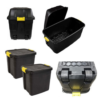 2 x Heavy Duty Black Storage Trunks 190 Litre With Lid & Wheels Great For Indoor & Outdoor Use