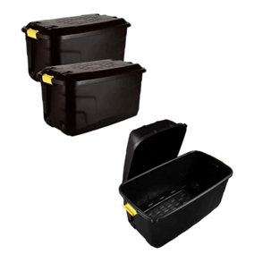 2 x Heavy Duty Black Storage Trunks 75 Litre With Lid & Wheels Great For Indoor & Outdoor Use