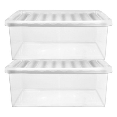 2 x Heavy Duty Multipurpose 32 Litre Home Office Clear Plastic Storage Containers With Lids