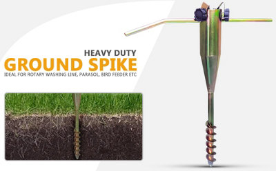 2 Heavy Duty Steel Ground Spikes - Screw-In Parasol Base Or Rotary Washing Line Holder, Copper Coated