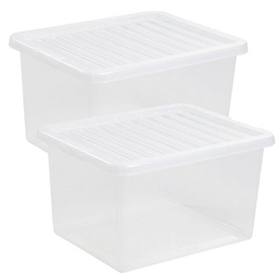 2 x Home Office Clear 96 Litre Transparent Plastic Storage Containers With Lids