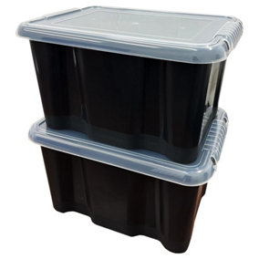 2 x Large Black Plastic 24 Litre Storage Box With See Through Lids For Bedroom, Garage & Office