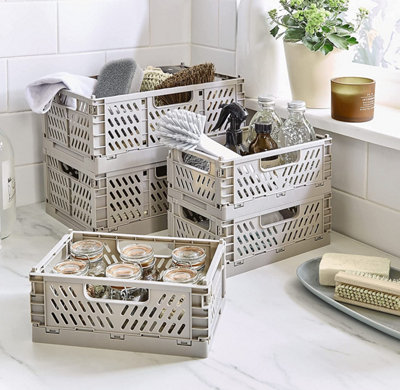 2 x Large Folding Storage Baskets - Grey Plastic Collapsing Home Storage Portable Crate Organizer Boxes - H12.2 x W20.5 x D30.5cm