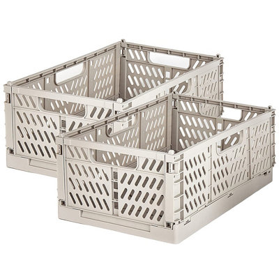 2 x Large Folding Storage Baskets - Grey Plastic Collapsing Home Storage Portable Crate Organizer Boxes - H12.2 x W20.5 x D30.5cm