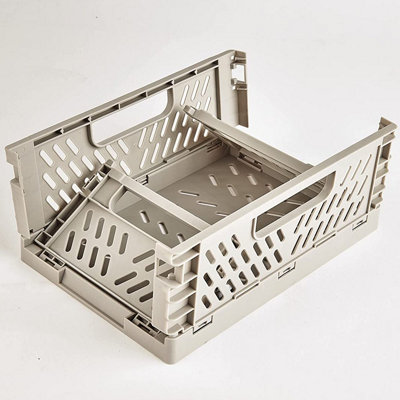 2 x Large Folding Storage Baskets - Grey Plastic Collapsing Home Storage Portable Crate Organizer Boxes - H12.2 x W20.5 x D30.5cm