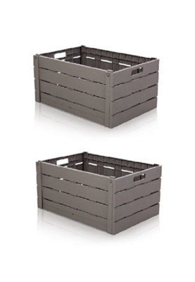 2 X Light Grey 60 Litre Wood Effect Folding Collapsible Plastic Storage Crate Boot Box