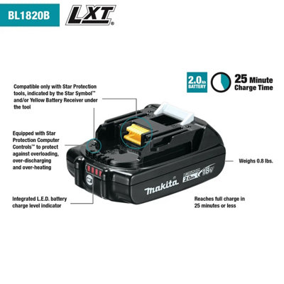 2 x Makita BL1820B 18v Lithium Ion 2.0ah Batteries - BL1820 Battery Indicator