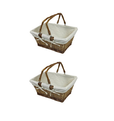 2 x Natural Lined Wooden Twisted Wicker Basket With Handles