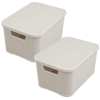 2 x Nature Inspired Cream Home & Office Rattan Effect Storage Baskets With Lids