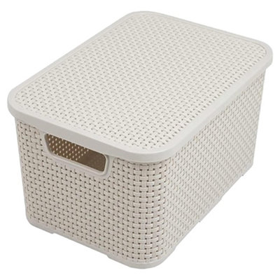 2 x Nature Inspired Cream Home & Office Rattan Effect Storage Baskets With Lids