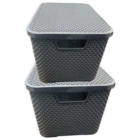 2 x Nature Inspired Grey Home & Office Rattan Effect Storage Baskets With Lids