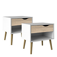 2 x Oslo Bedside 1 Drawer in White and Oak