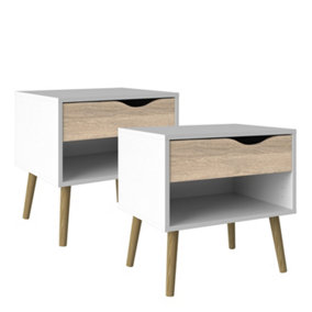 2 x Oslo Bedside 1 Drawer in White and Oak
