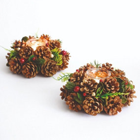 2 x Painswick Natural Pine Tealight Holders - Pinecone & Faux Greenery Candleholder, Tealights Not Included - Each H9 x 19cm