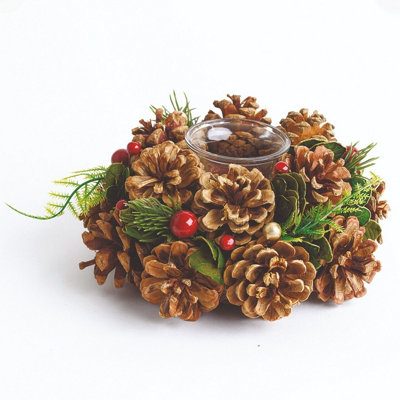 2 x Painswick Natural Pine Tealight Holders - Pinecone & Faux Greenery Candleholder, Tealights Not Included - Each H9 x 19cm