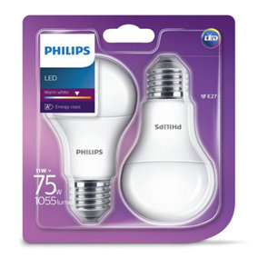 2 x Philips LED Frosted E27 Edison Screw 75w Warm White Light Bulbs Lamp 1055Lm