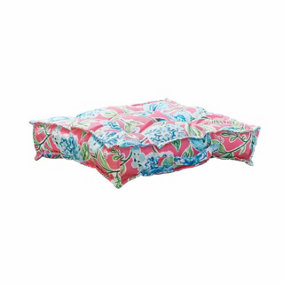 2 x Pink Floral Garden Booster Cushions - Floor Pillows or Furniture Seat Pads with Water Resistant Fabric & Handle - 51x51x10cm