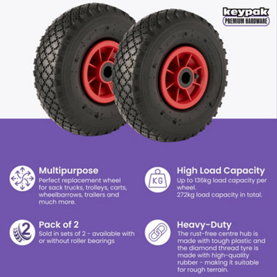 2 x Pneumatic Wheel 10", Tyre 3.00-4 for Sack Truck Trolley Cart Wheelbarrow,  260mm x 85mm, 20mm Bore, No Bearings