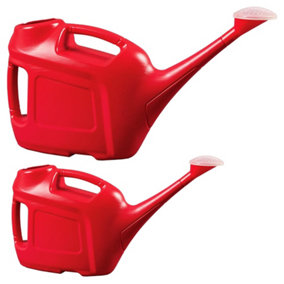 2 x Red 6 Litre Slimline Garden Watering Cans With Sprinkler Heads & Handles