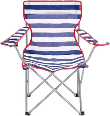 2 x Red & Blue Striped Foldable Outdoor Garden Camping Chairs With Cup Holder & Arm Rest