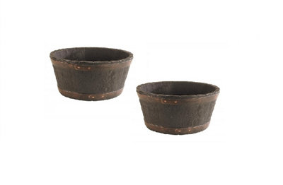 2 x Round Black Oak Effect Indoor Outdoor Patio Garden Barrel Plastic Planter Pot