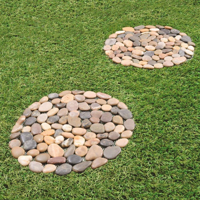2 x Round Pebble Stepping Stones - Polished River Rock Weatherproof Garden Pathway Slabs with PVC Backing - Each 33cm Diameter