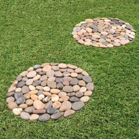 2 x Round Pebble Stepping Stones - Polished River Rock Weatherproof Garden Pathway Slabs with PVC Backing - Each 33cm Diameter