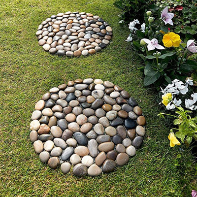 2 x Round Pebble Stepping Stones Polished River Rock Weatherproof Garden Pathway Slabs with PVC Backing