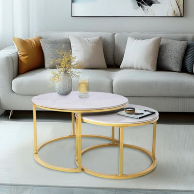 2 x Round Sintered Stone With Metal Frame 70 x 70cm Marble Effect Nesting Coffee End Sofa Tables Home Living Room Furniture (White
