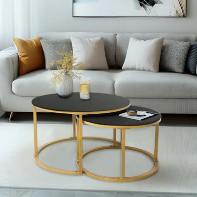 2 x Round Sintered Stone With Metal Frame 70x70cm Marble Effect Nesting Coffee End Sofa Tables Living Room Furniture - Black/Gold