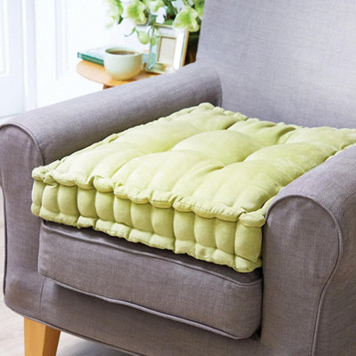 2 x Sage Armchair Booster Cushions - Polyester Square Seat Pads with Carry Handle & Button Effect Stitching - Each 51 x 51 x 10cm