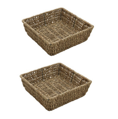 2 x Seagrass Storage Basket Square Tray Natural Hand Woven Shelf Basket 25cm x 8cm