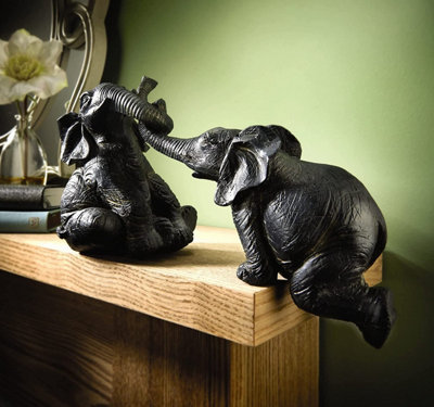 2 x Shelf Sitting Elephant Ornaments - Decorative Home Sculptures with  Bronze Highlights - Sitting 12 x 9cm, Hanging 8.5 x 17cm