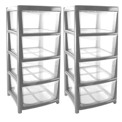 2 x Silver 4 Tier Home Office School Clear Plastic Storage Unit Perfect ...
