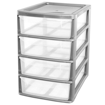 2 x Silver A4 Plastic 4 Drawer Storage Tower Unit Desktop Cabinet For Home & Office
