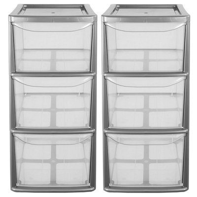 2 x Silver Frame Modular Multipurpose Home Office Plastic 3 Drawer Storage Units