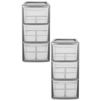 2 x Silver Frame Modular Multipurpose Home Office Plastic 3 Drawer ...